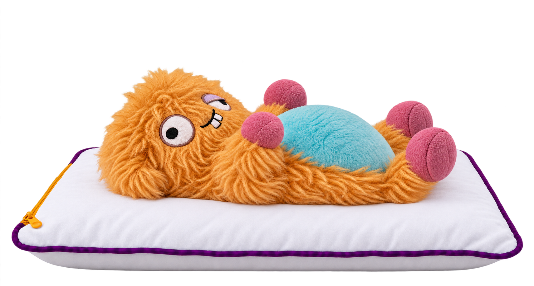 Mopp resting on a white pillow with purple edging, his turquoise belly and paws raised