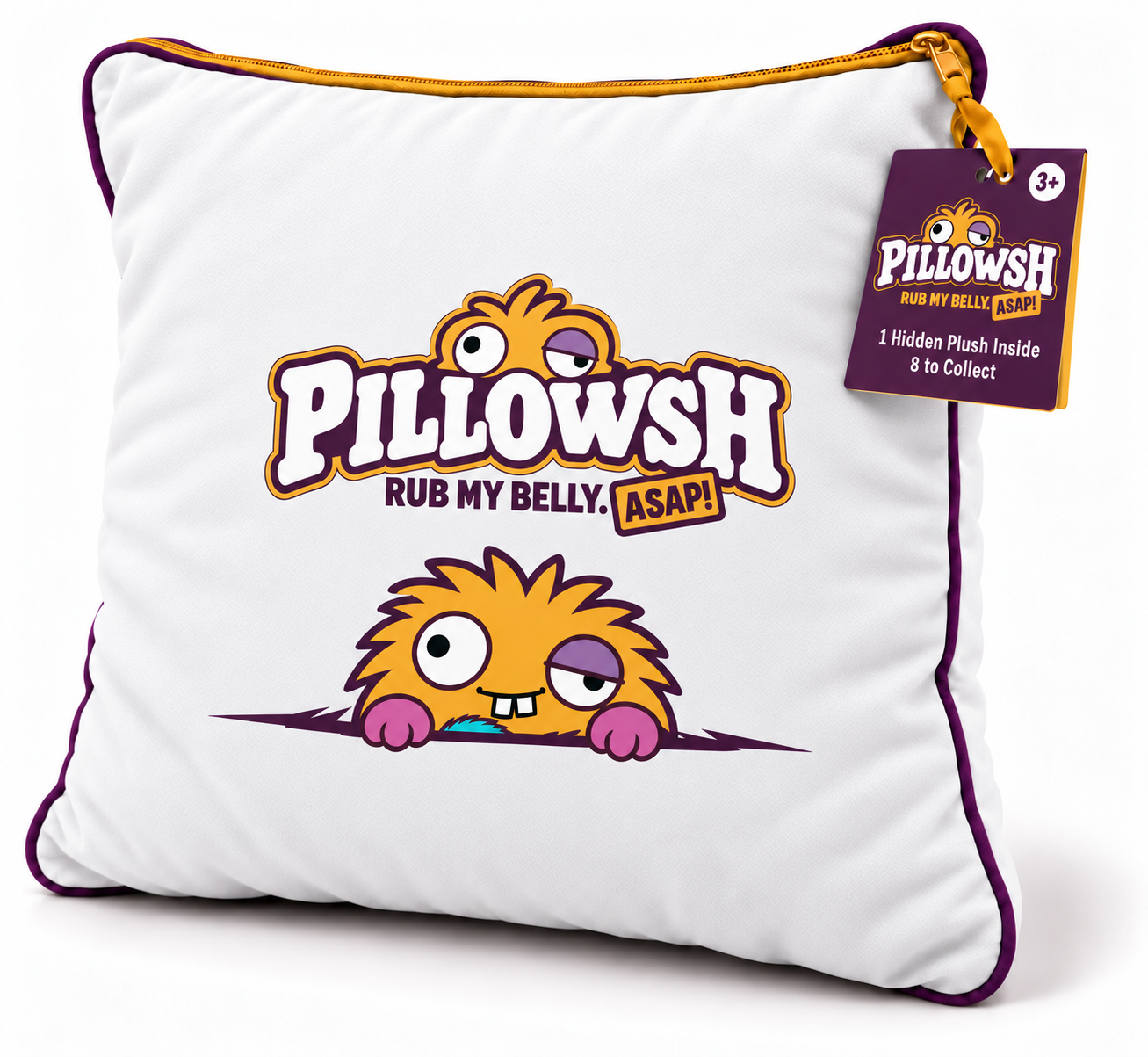 PILLOWSH hangtag: one hidden plush inside, eight to collect